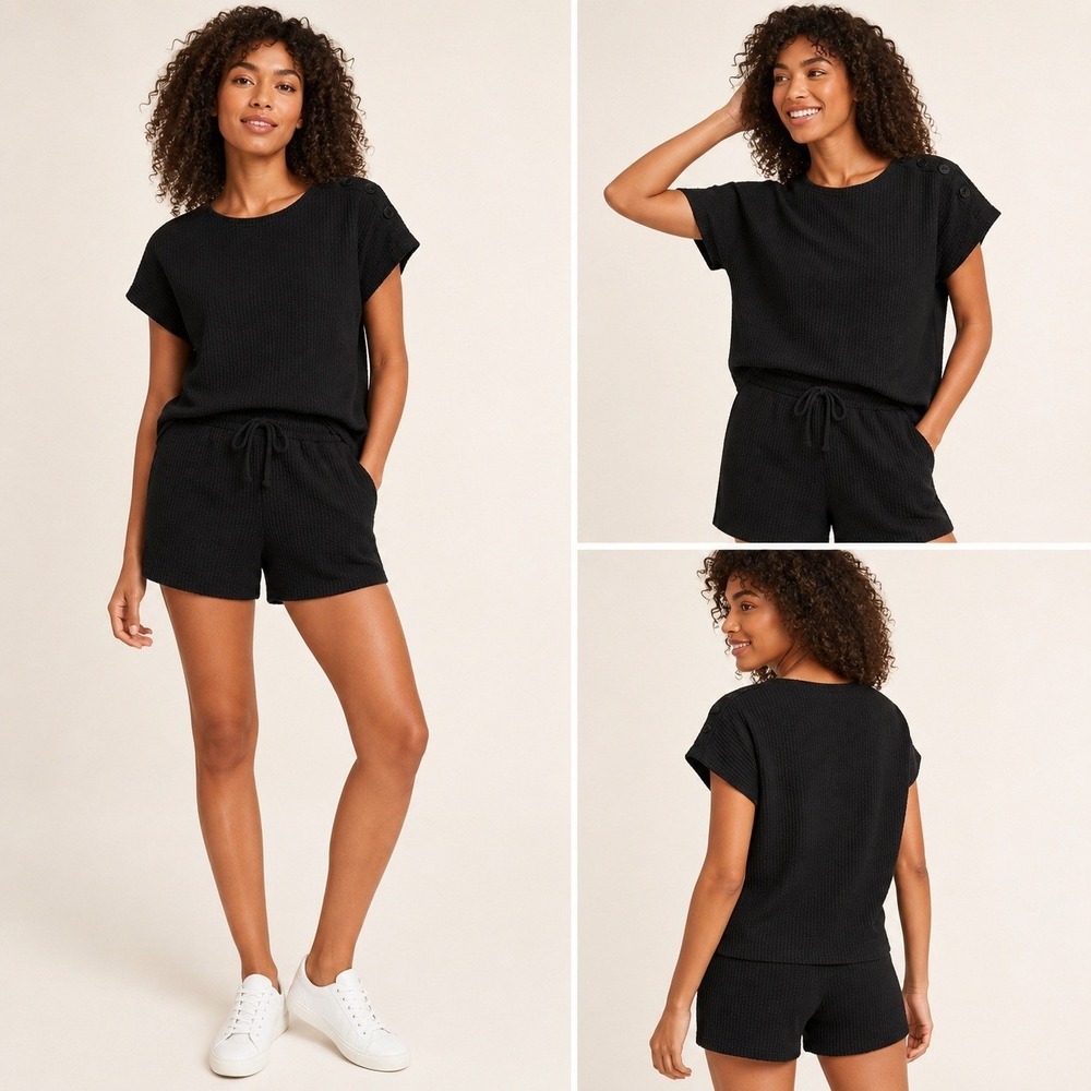 Madewell Knit Seersucker Button-Shoulder Top Pull-On Shorts Black Lounge Set S